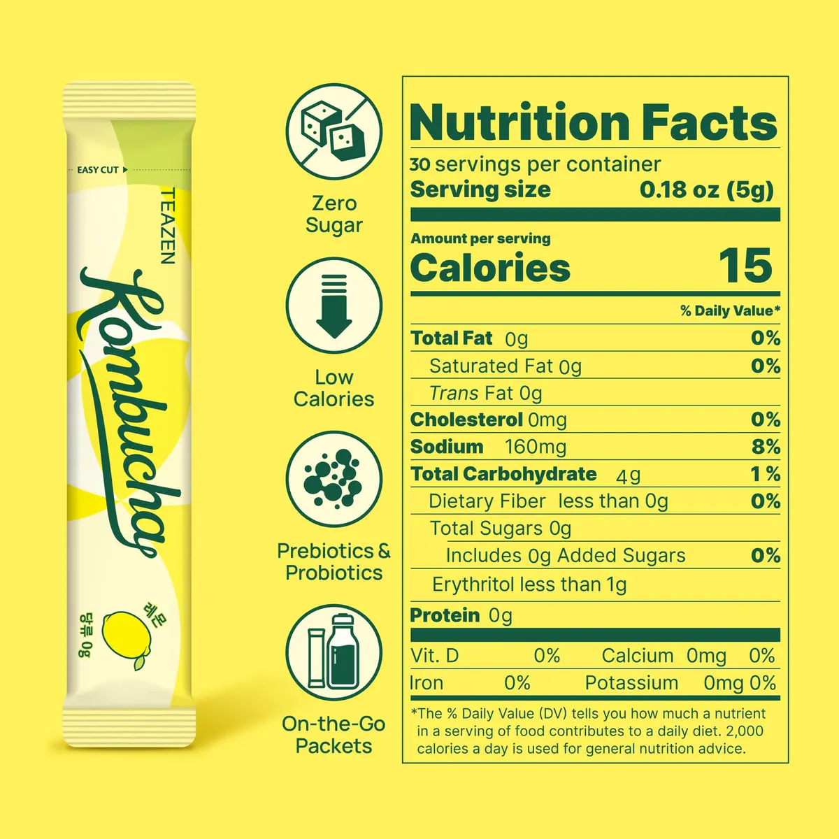 TEAZEN Lemon Kombucha Powder | Hydration Drink Mix, Sugar Free, Live Probiotics & Prebiotics, 30 Packets, 5.29oz - view 5