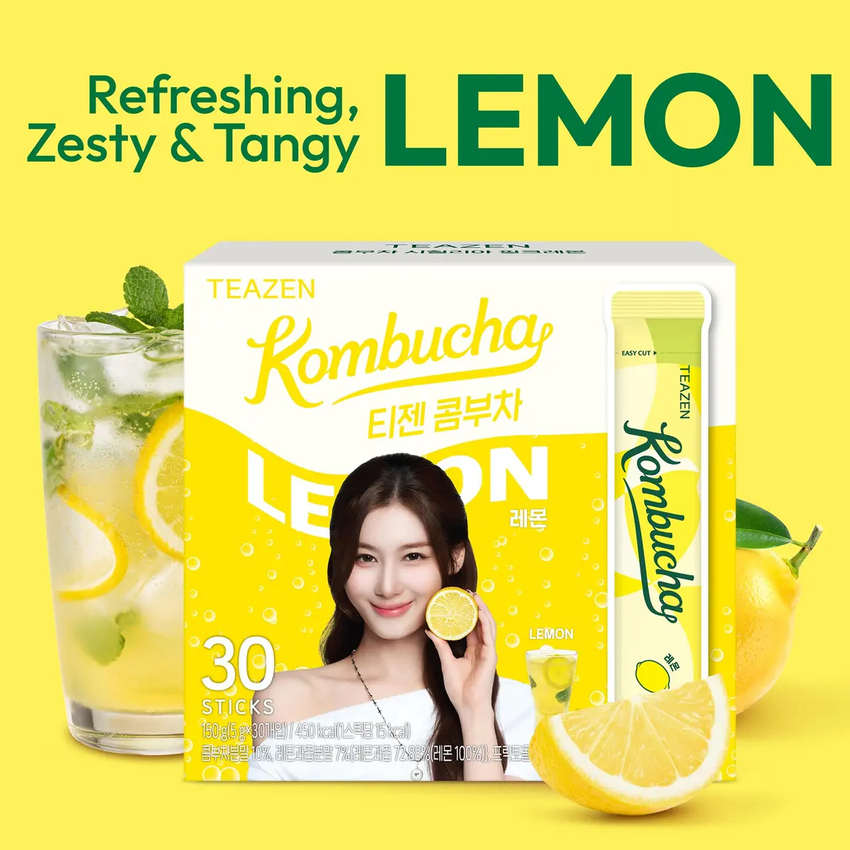 TEAZEN Lemon Kombucha Powder | Hydration Drink Mix, Sugar Free, Live Probiotics & Prebiotics, 30 Packets, 5.29oz - view 4