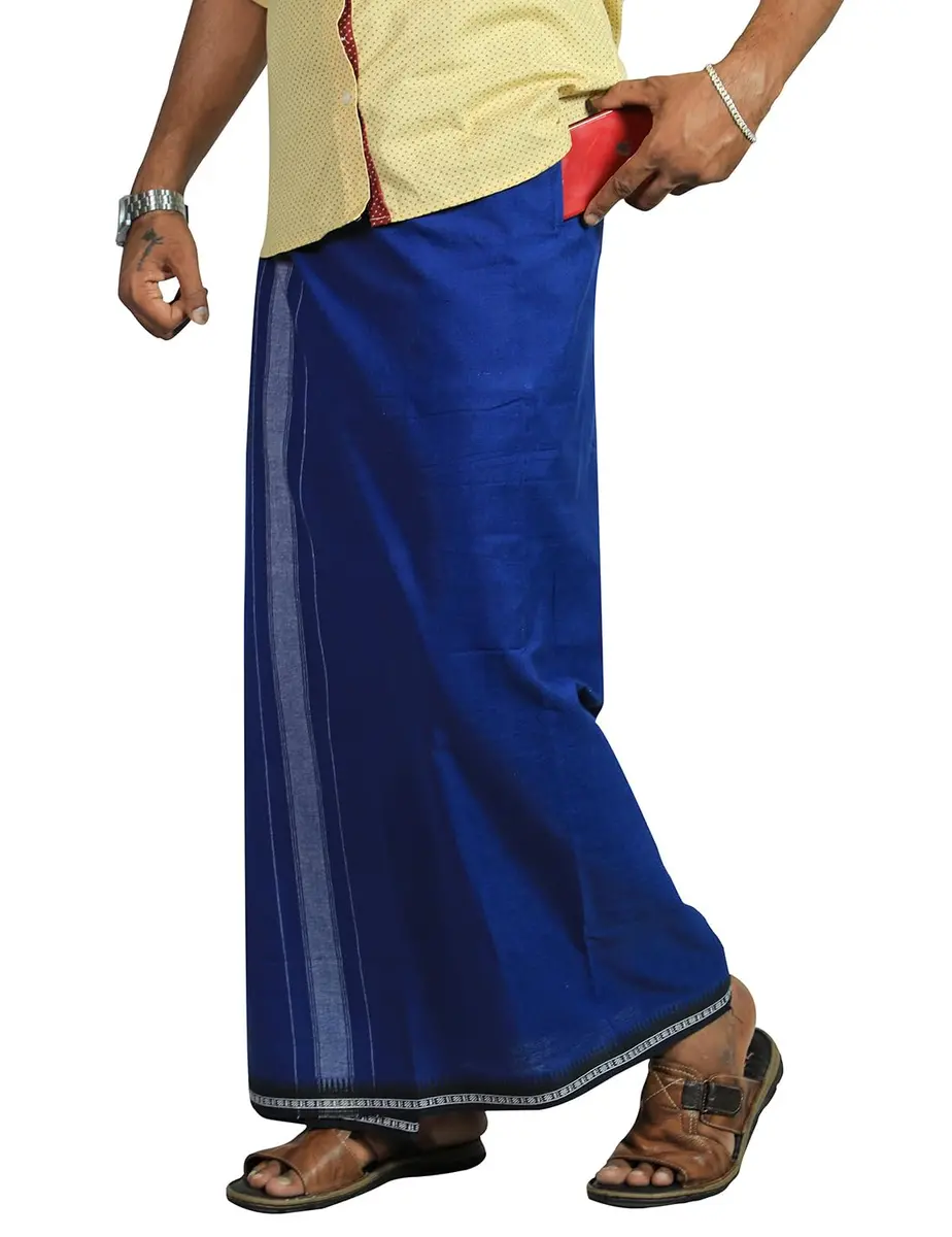 Prakasam Cotton Men's Kerala Thalapathi Border Dhoti with Welcro Pocket - Blue, Free Size (280mm x 220mm x 20mm) | Imported Cotton Apparel - main product image