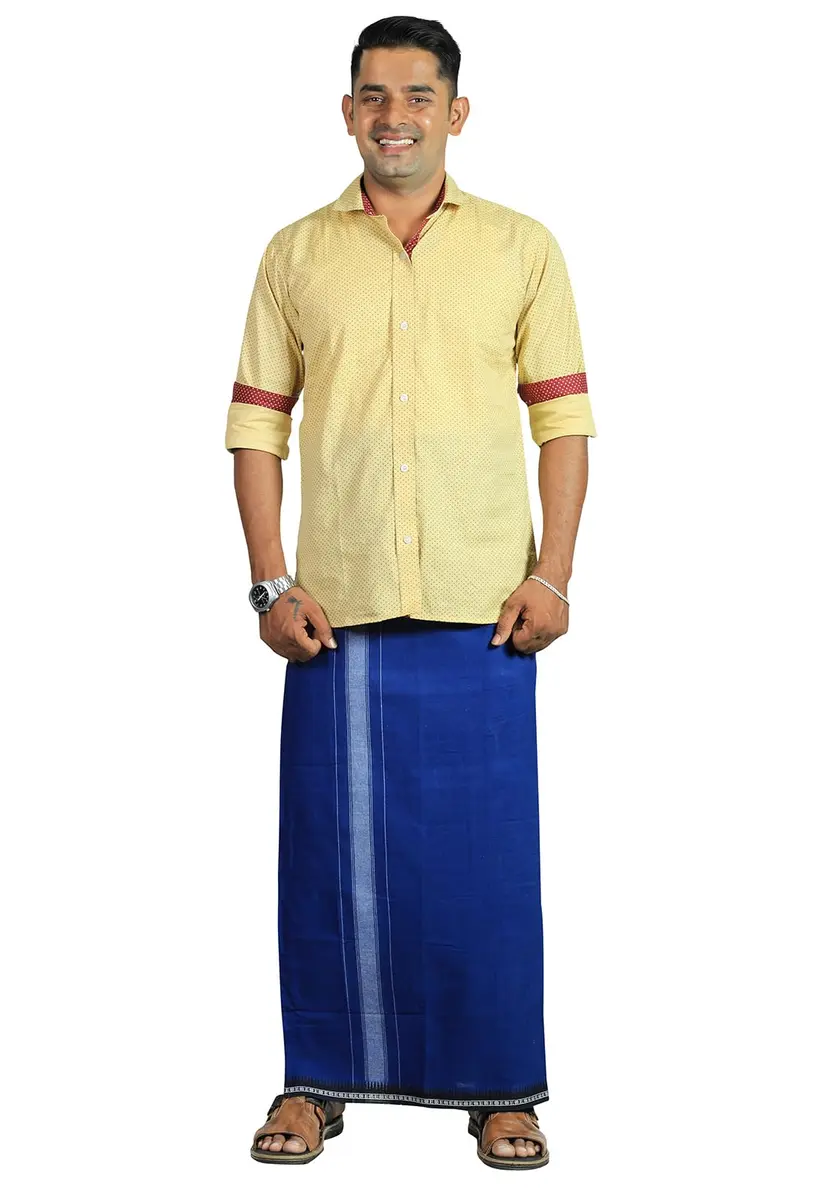 Prakasam Cotton Men's Kerala Thalapathi Border Dhoti with Welcro Pocket - Blue, Free Size (280mm x 220mm x 20mm) | Imported Cotton Apparel - view 5