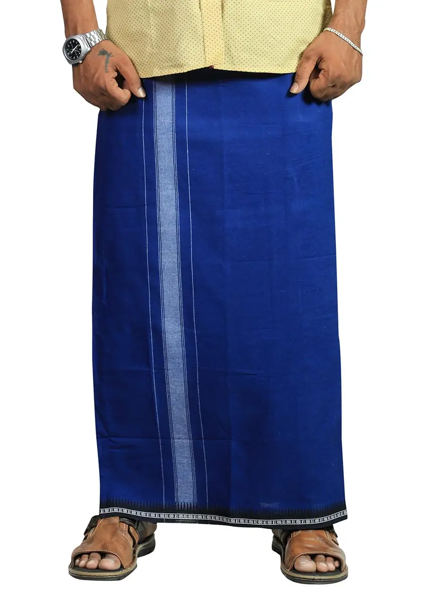 Prakasam Cotton Men's Kerala Thalapathi Border Dhoti with Welcro Pocket - Blue, Free Size (280mm x 220mm x 20mm) | Imported Cotton Apparel - view 2