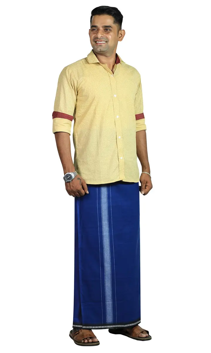 Prakasam Cotton Men's Kerala Thalapathi Border Dhoti with Welcro Pocket - Blue, Free Size (280mm x 220mm x 20mm) | Imported Cotton Apparel - view 4