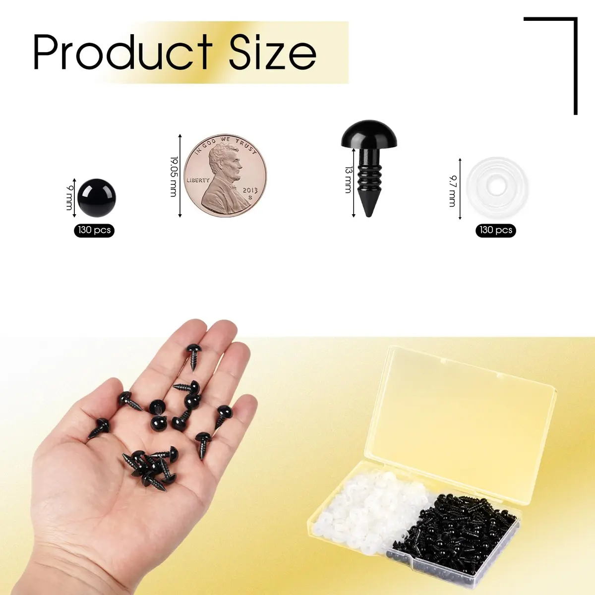 Vanblue Safety Eyes 9mm Black Plastic Craft Eyes with Washers for Amigurumi & Stuffed Animals (260PCS) - view 2