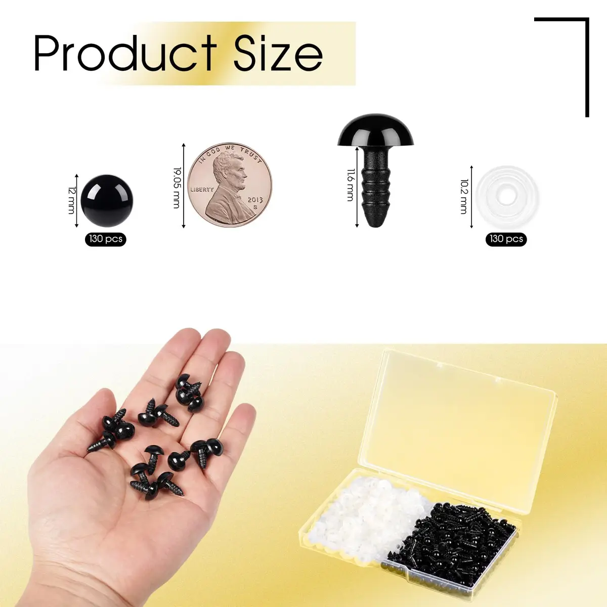 Vanblue 260PCS 12mm Black Safety Eyes with Washers | Craft Eyes for Amigurumi & Stuffed Animals - view 2