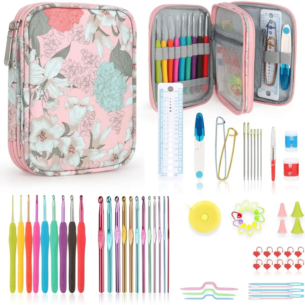 Katech Ergonomic Crochet Hooks Set with Case, 73-Piece Kit | 2.0-8.0mm Aluminum Alloy Hooks & Accessories - main product image