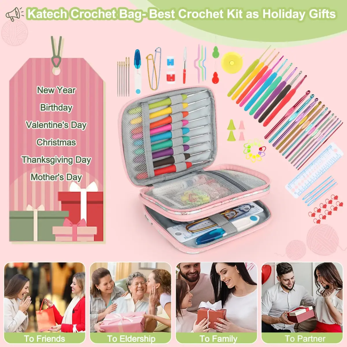 Katech Ergonomic Crochet Hooks Set with Case, 73-Piece Kit | 2.0-8.0mm Aluminum Alloy Hooks & Accessories - view 7