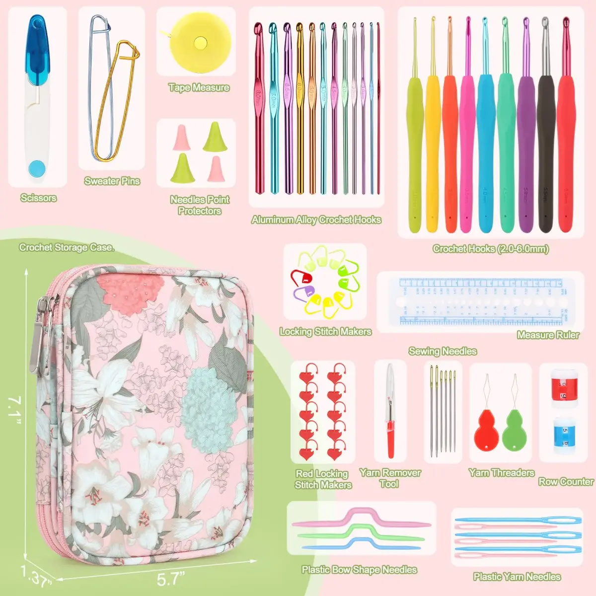 Katech Ergonomic Crochet Hooks Set with Case, 73-Piece Kit | 2.0-8.0mm Aluminum Alloy Hooks & Accessories - view 2