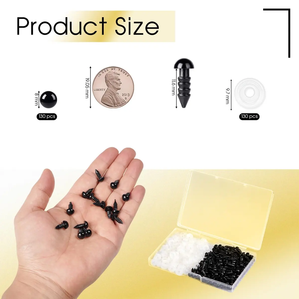 Vanblue 8mm Safety Eyes with Washers - 260PCS Plastic Black Craft Eyes for Amigurumi, Stuffed Animals, Crochet Toys & Crafts - view 2