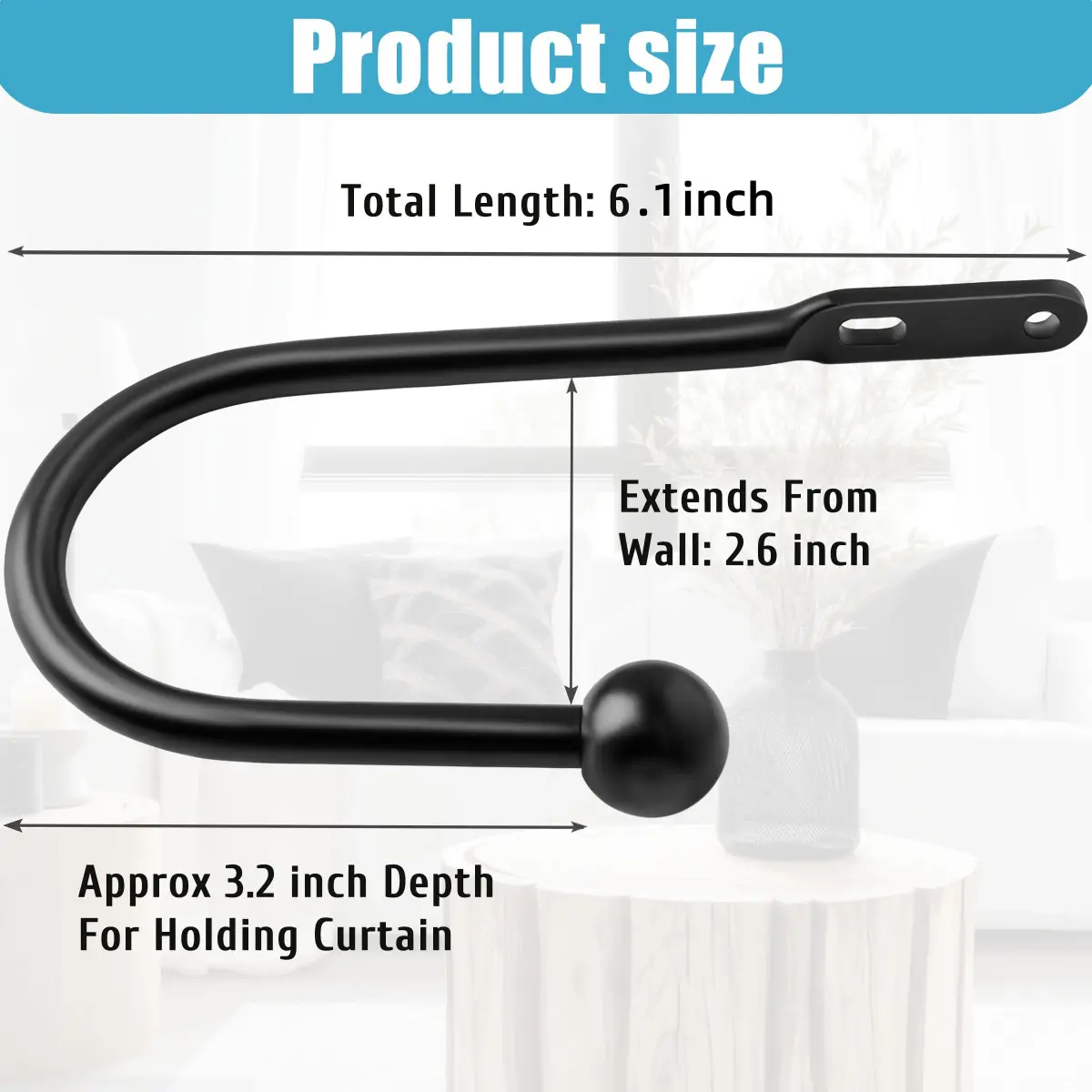 VRSS Black Curtain Tiebacks Drapery Holdbacks Set of 2 | 15cm (6") L x 7.5cm (3") W - view 3