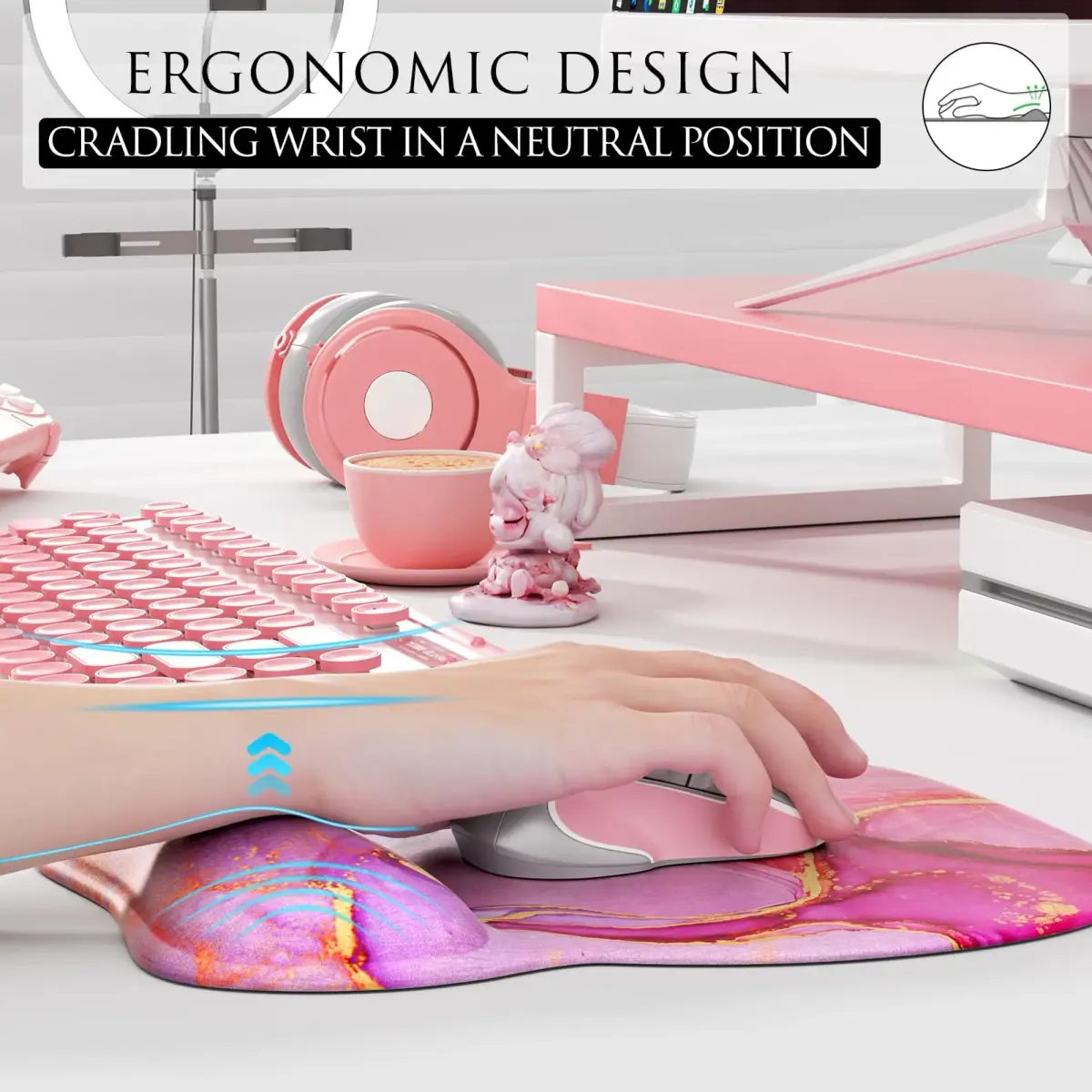 MROCO Ergonomic Mouse Pad with Gel Wrist Rest, 24cm (9.4 in) x 20.5cm (8.1 in), Pink Marble | Smooth Lycra Surface for Precise Cursor Control - view 5