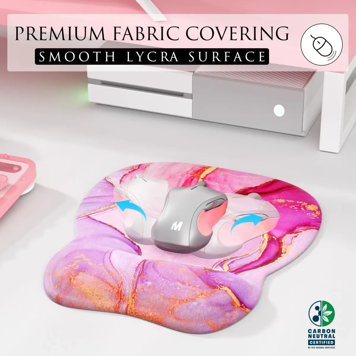 MROCO Ergonomic Mouse Pad with Gel Wrist Rest, 24cm (9.4 in) x 20.5cm (8.1 in), Pink Marble | Smooth Lycra Surface for Precise Cursor Control - view 2