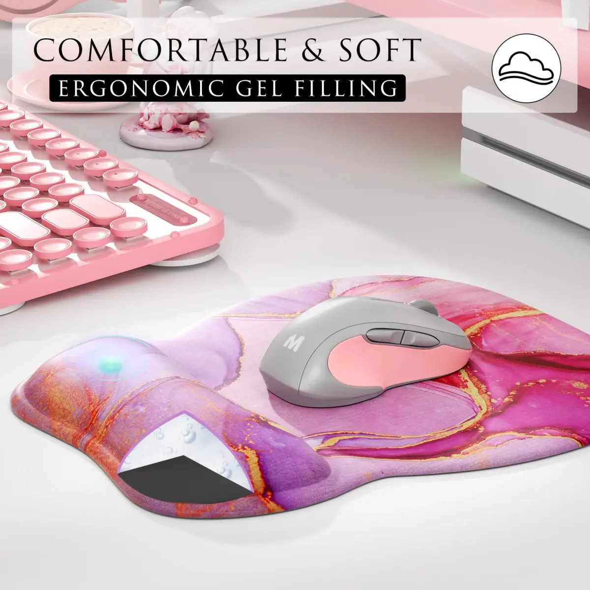 MROCO Ergonomic Mouse Pad with Gel Wrist Rest, 24cm (9.4 in) x 20.5cm (8.1 in), Pink Marble | Smooth Lycra Surface for Precise Cursor Control - view 4