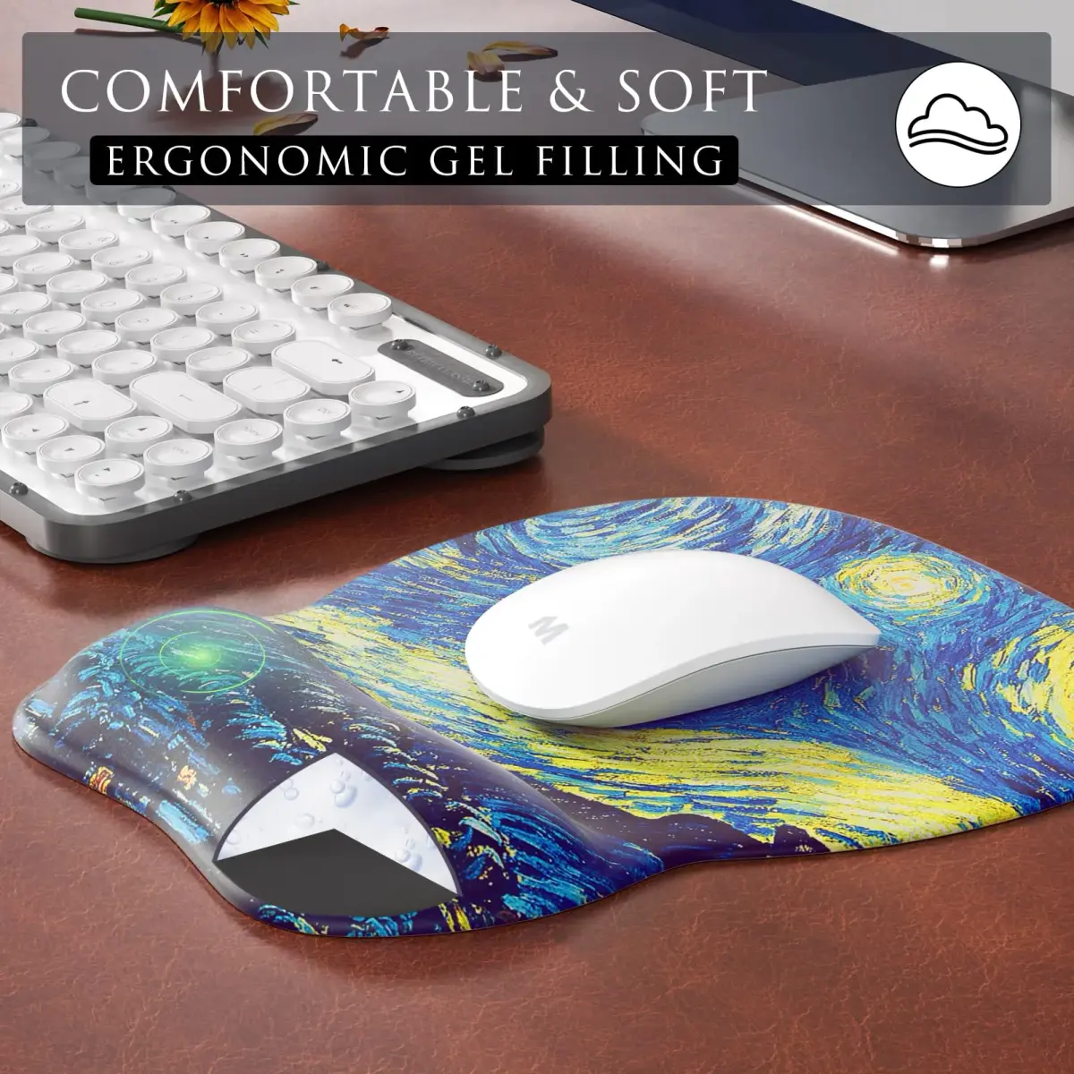 MROCO Ergonomic Mouse Pad with Gel Wrist Rest, 24cm x 20.5cm (9.4 x 8.1 in) | Starry Night Pattern - view 4