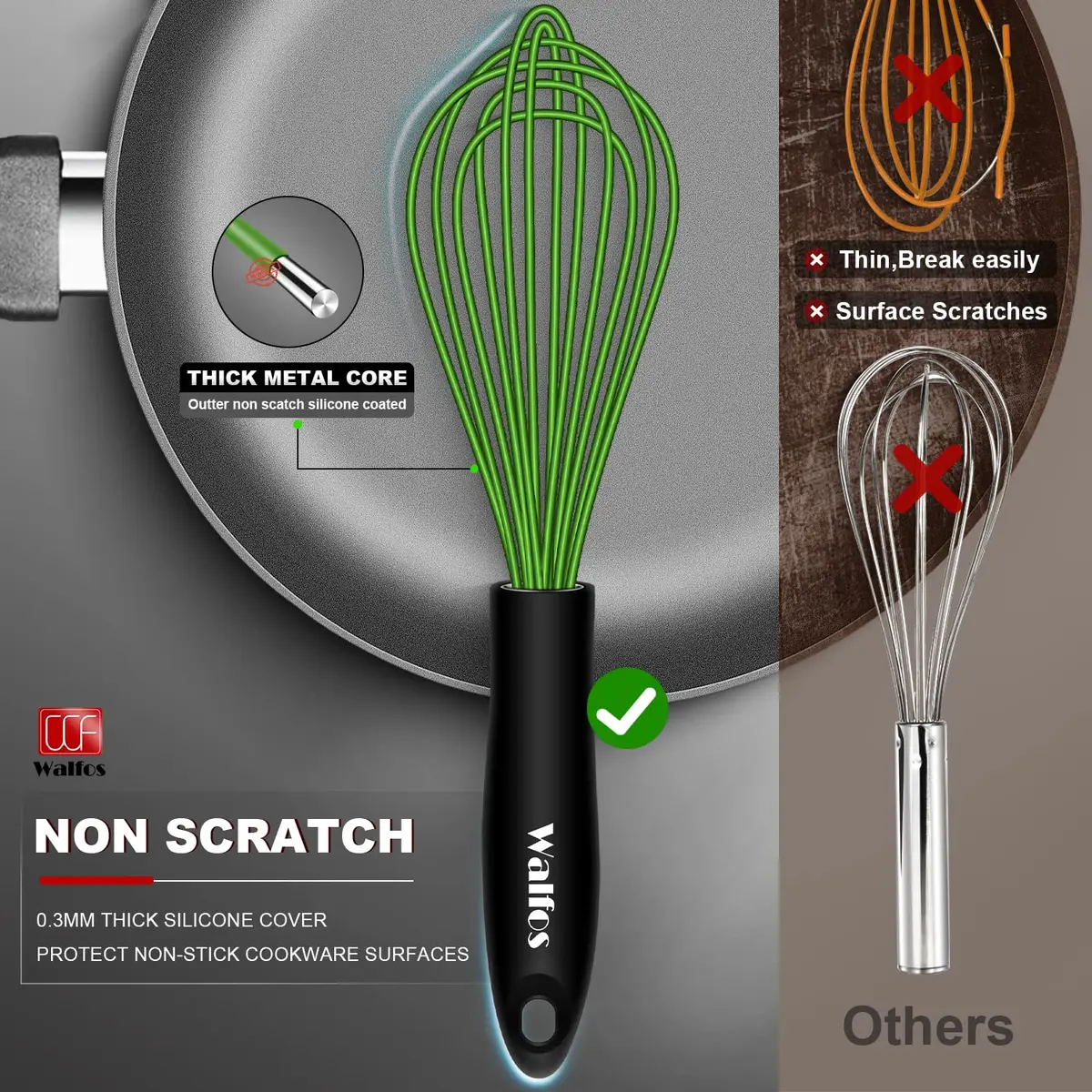 Walfos Silicone Whisk Set (8.5, 9, 11 inch) | Heat Resistant Kitchen Utensils for Non-stick Cookware - view 5