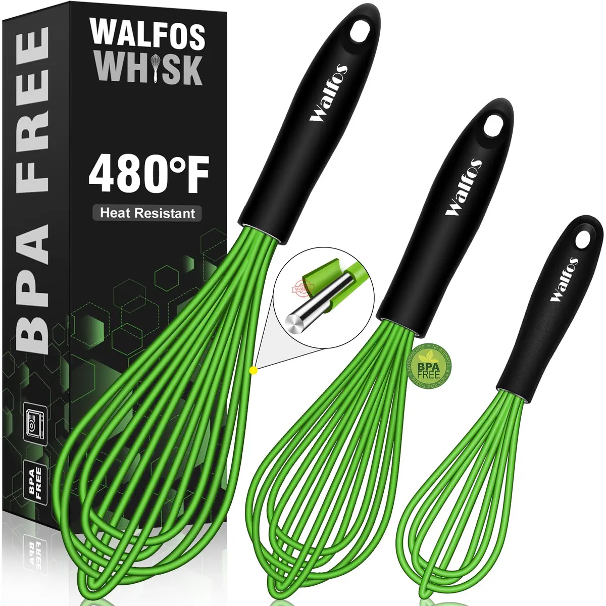 Walfos Silicone Whisk Set (8.5, 9, 11 inch) | Heat Resistant Kitchen Utensils for Non-stick Cookware - main product image