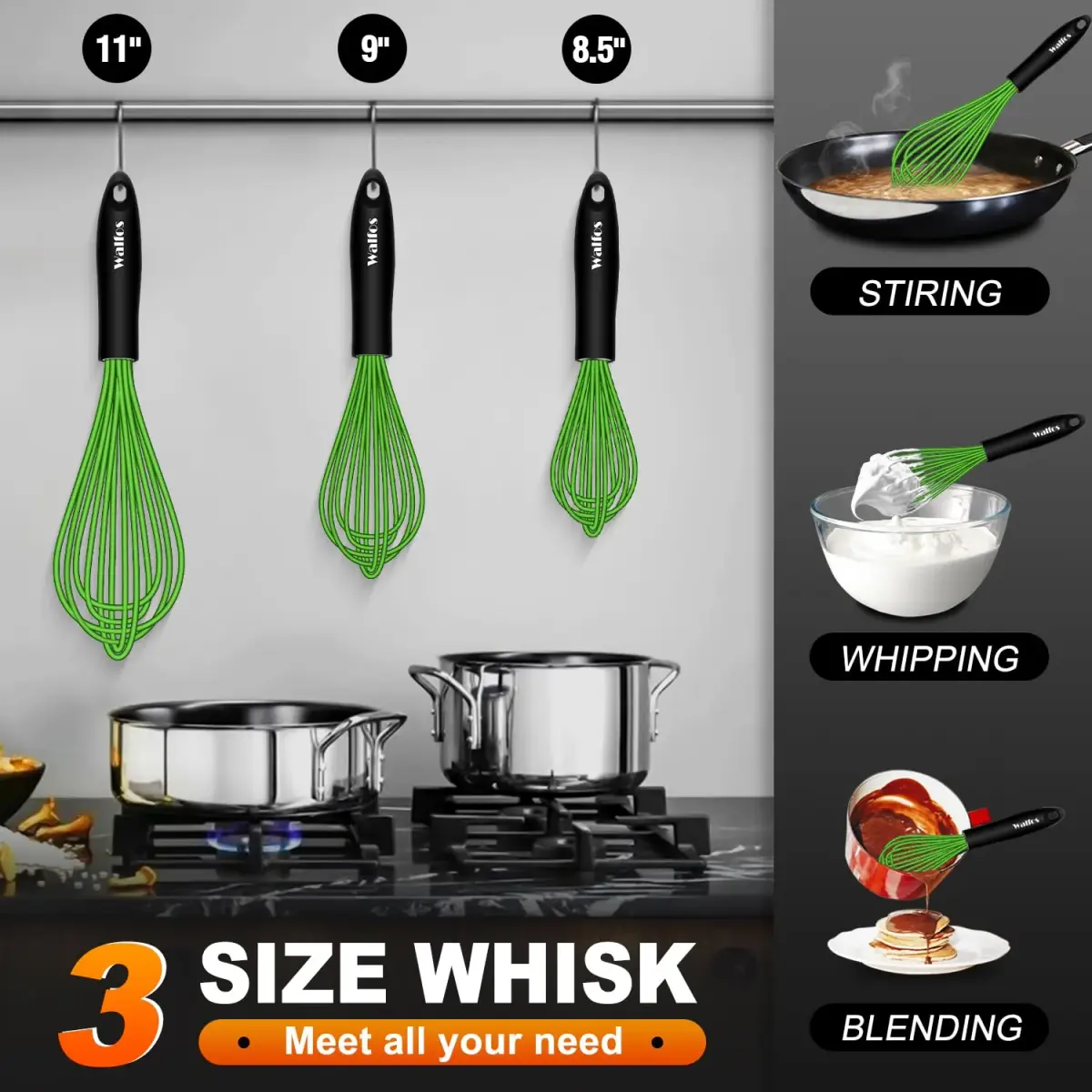 Walfos 7"+9"+11" Green Stainless Steel Balloon Whisk Set - 3-Piece Heavy Duty Egg Frother - view 2