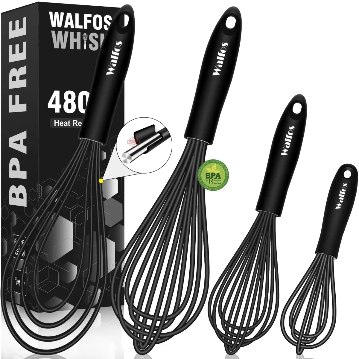 Walfos 7"+9"+11"+11" Balloon Whisk Set in Black - 3-Piece Heavy Duty Egg Frother - main product image