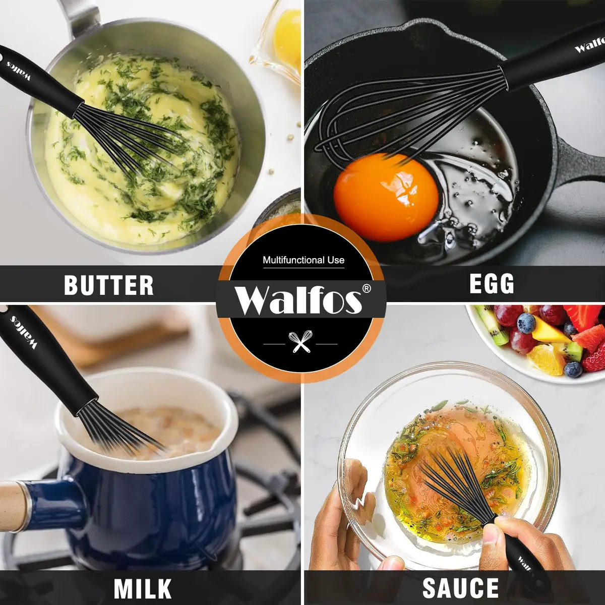 Walfos Whisk Silicone Whisks Set, Non Scratch Coated, Heavy Duty, 4-Piece Kitchen Utensil - 11'' Flat & Balloon Sizes - view 5