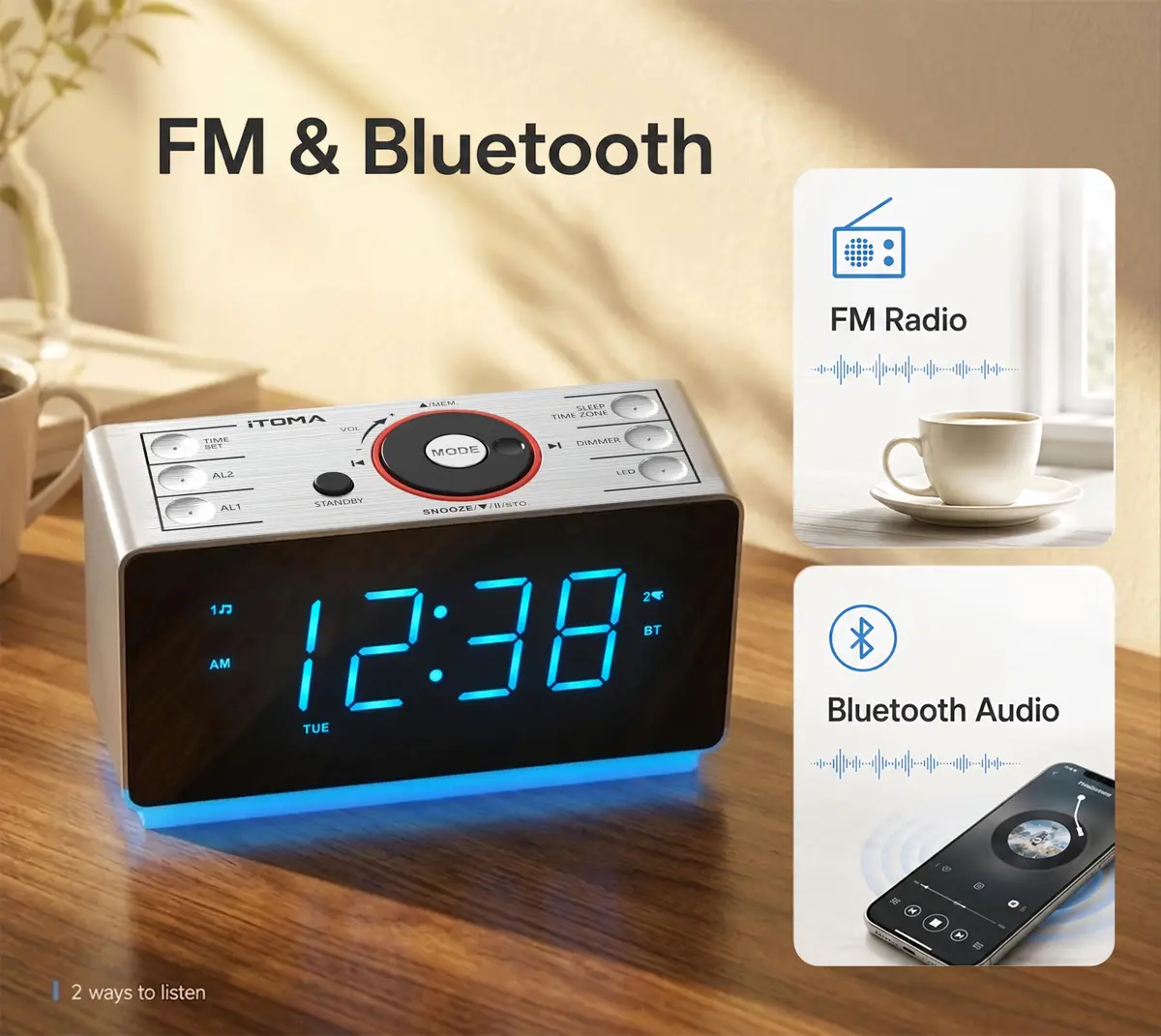 iTOMA Alarm Clock Radio with Bluetooth, FM Radio & Dual Alarm | Large 1.4-inch LED Display, USB Charging, Sleep Timer - view 5