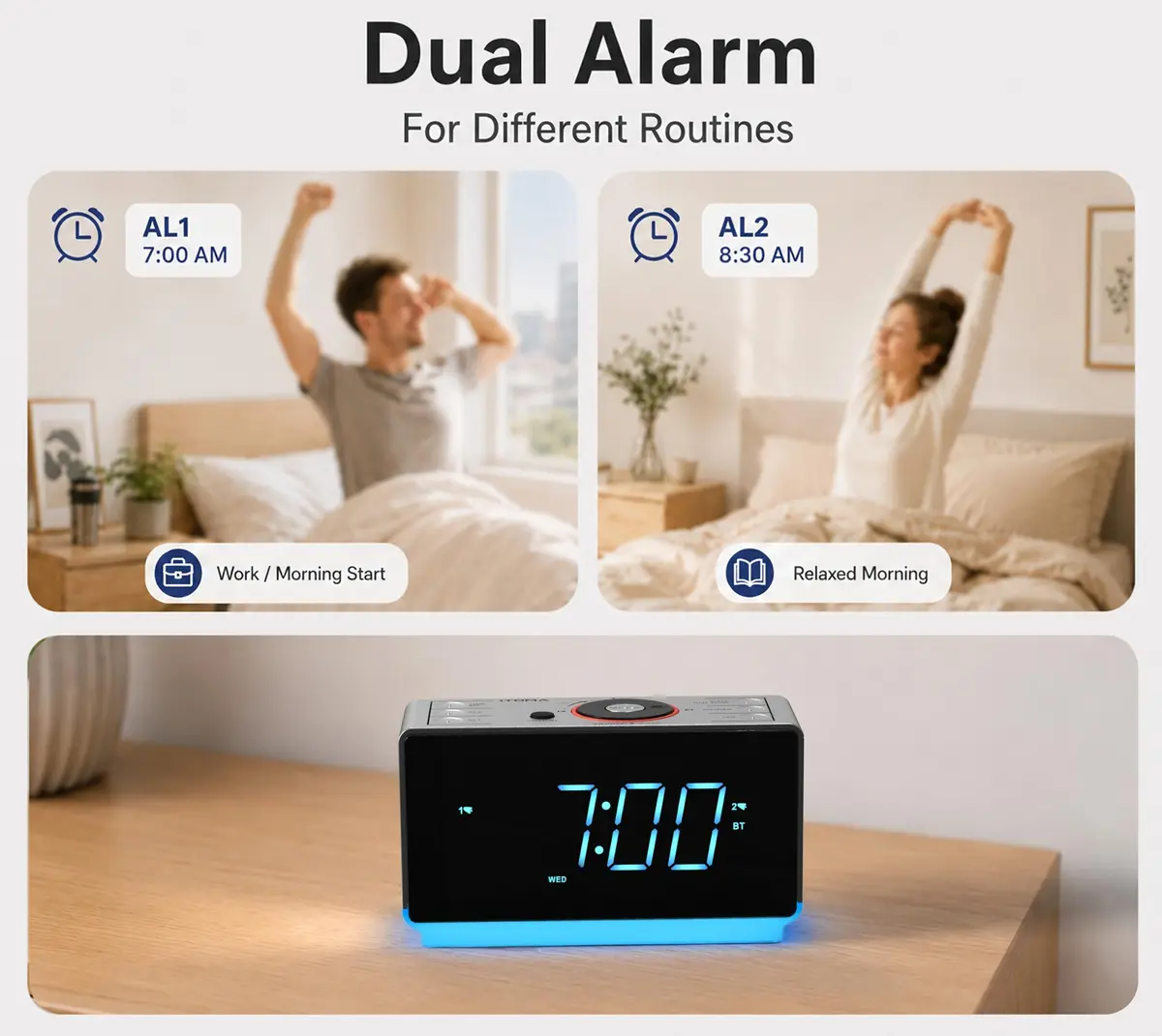 iTOMA Alarm Clock Radio with Bluetooth, FM Radio & Dual Alarm | Large 1.4-inch LED Display, USB Charging, Sleep Timer - view 2