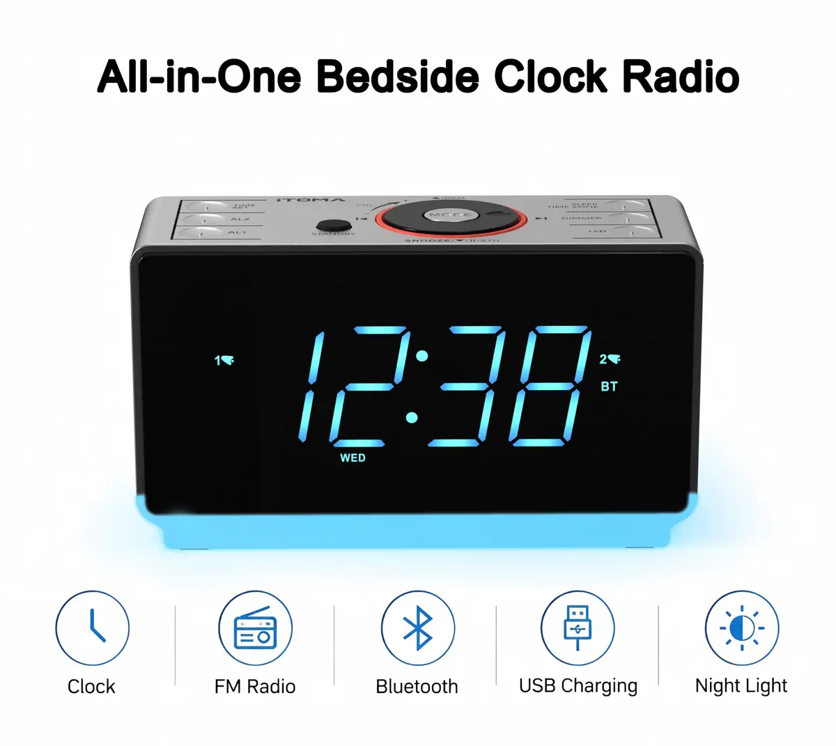 iTOMA Alarm Clock Radio with Bluetooth, FM Radio & Dual Alarm | Large 1.4-inch LED Display, USB Charging, Sleep Timer - view 3