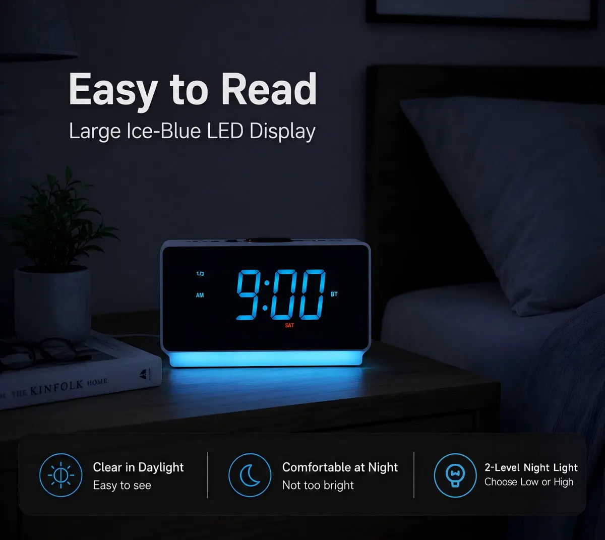 iTOMA Alarm Clock Radio with Bluetooth, FM Radio & Dual Alarm | Large 1.4-inch LED Display, USB Charging, Sleep Timer - view 4