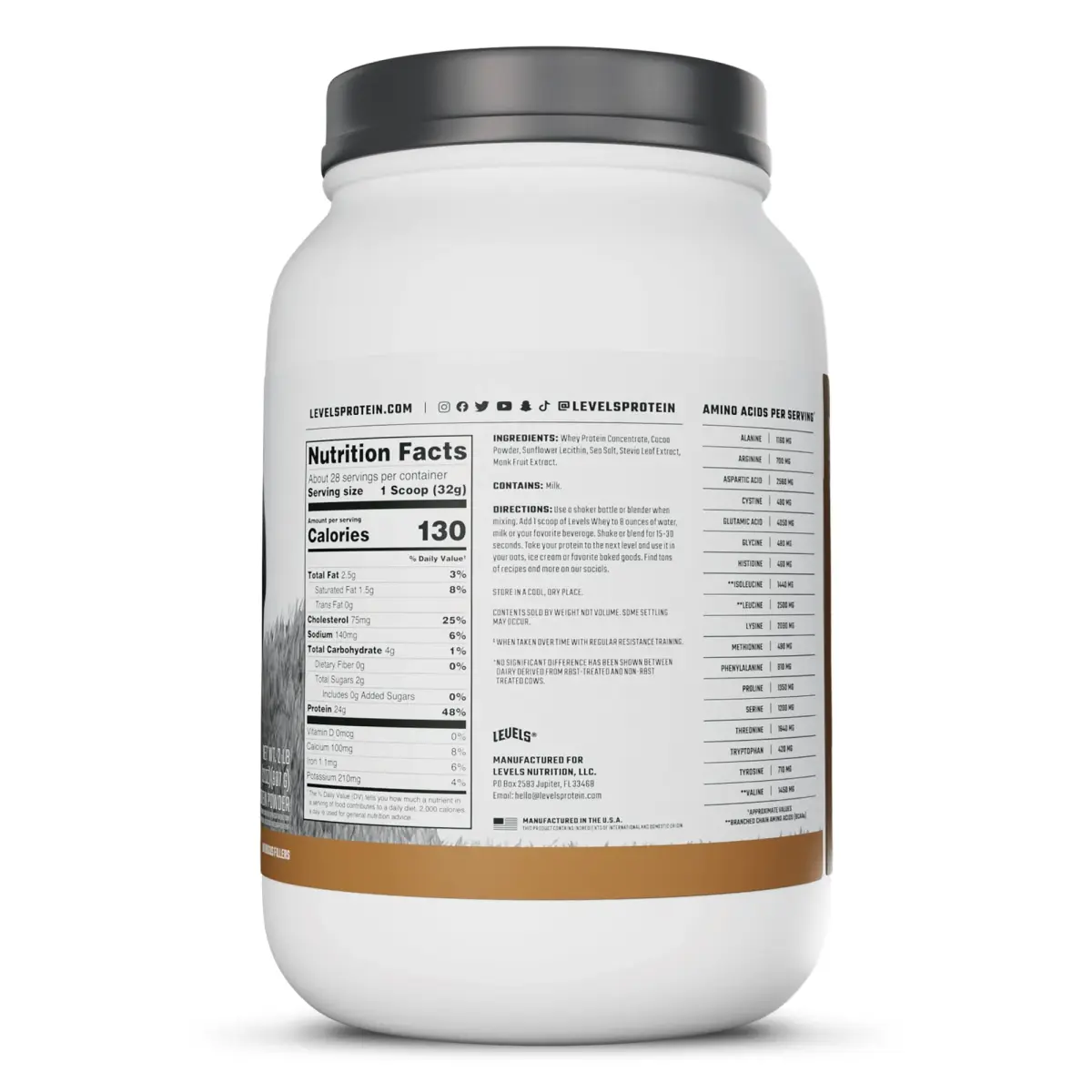 Levels Nutrition Whey Protein Powder Double Chocolate 907g (2LB) | 24G Protein Per Serving, Gluten-Free, No Artificials - view 8