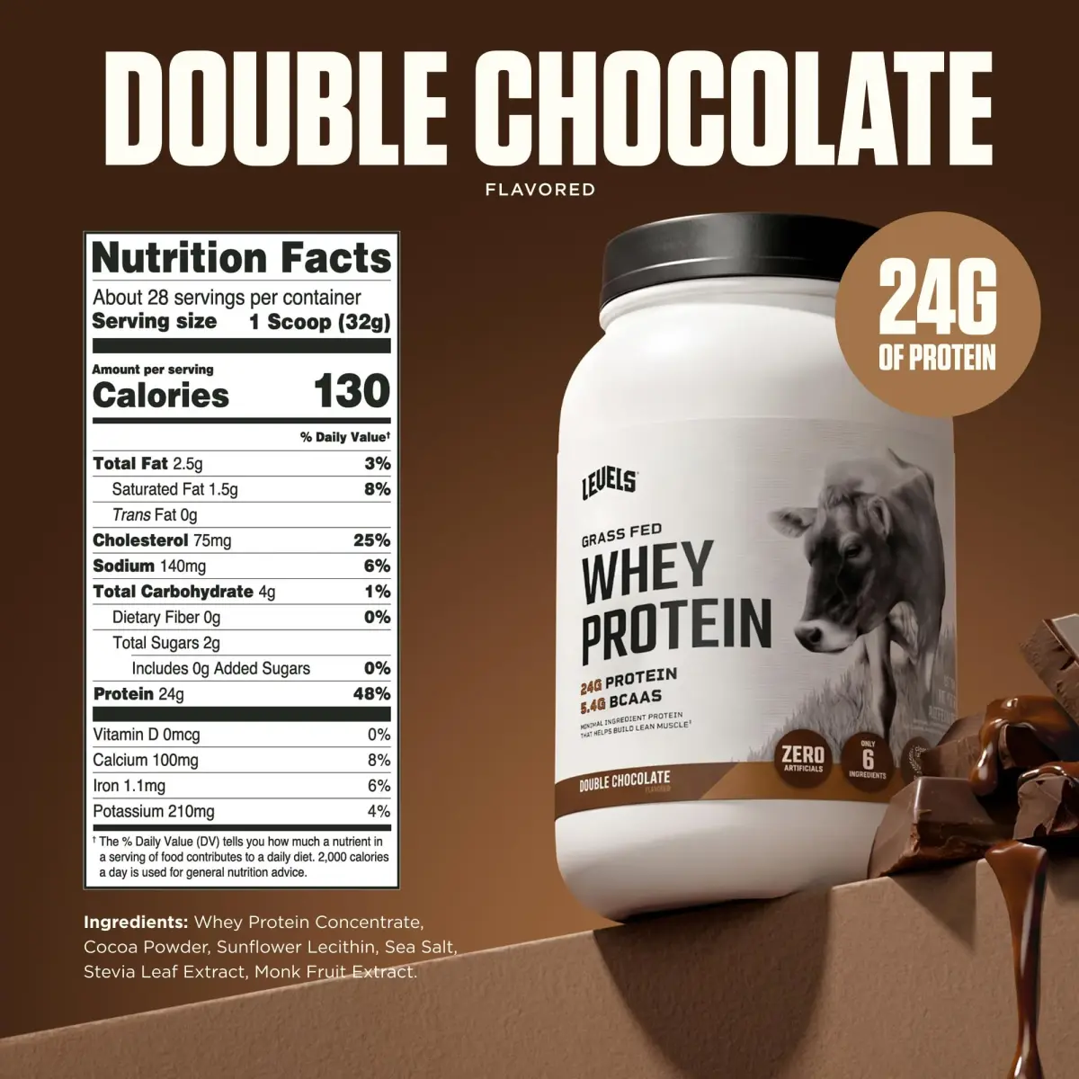 Levels Nutrition Whey Protein Powder Double Chocolate 907g (2LB) | 24G Protein Per Serving, Gluten-Free, No Artificials - view 3