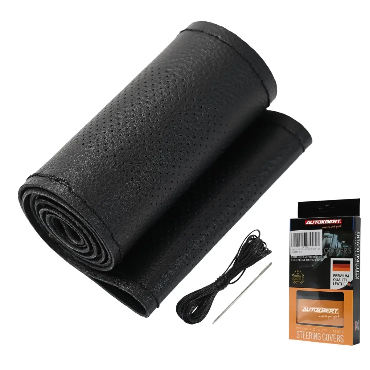 AUTOXBERT Genuine Leather Steering Wheel Cover 38cm (15 Inch) | Hand-Sewn Wrap for Enhanced Grip - main product image