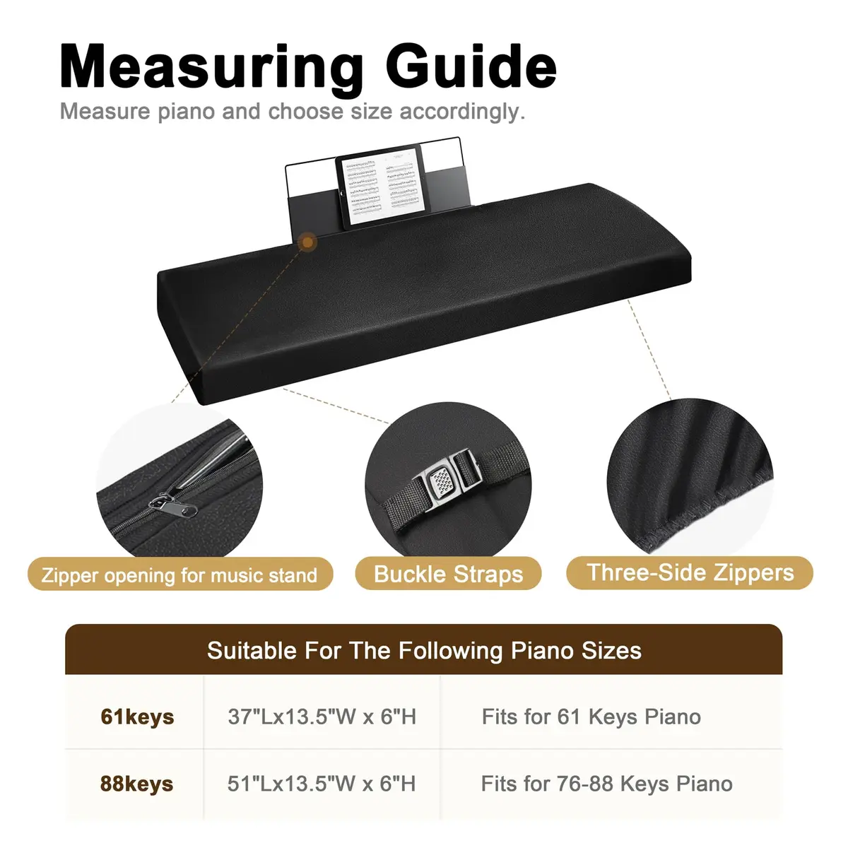 Explore Land Stretchy Leather Piano Keyboard Dust Cover (Black, 88 Keys) | Snug Fit & Elegant Design - view 2