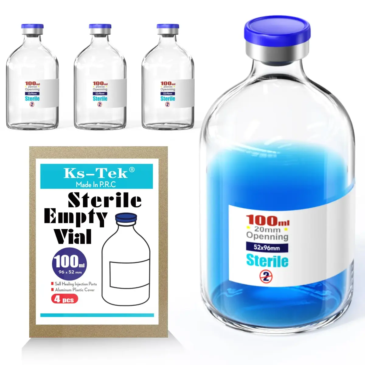 Ks-Tek Sterile Empty Vials with Self-Healing Injection Port 100ml (4-Pack) - main product image