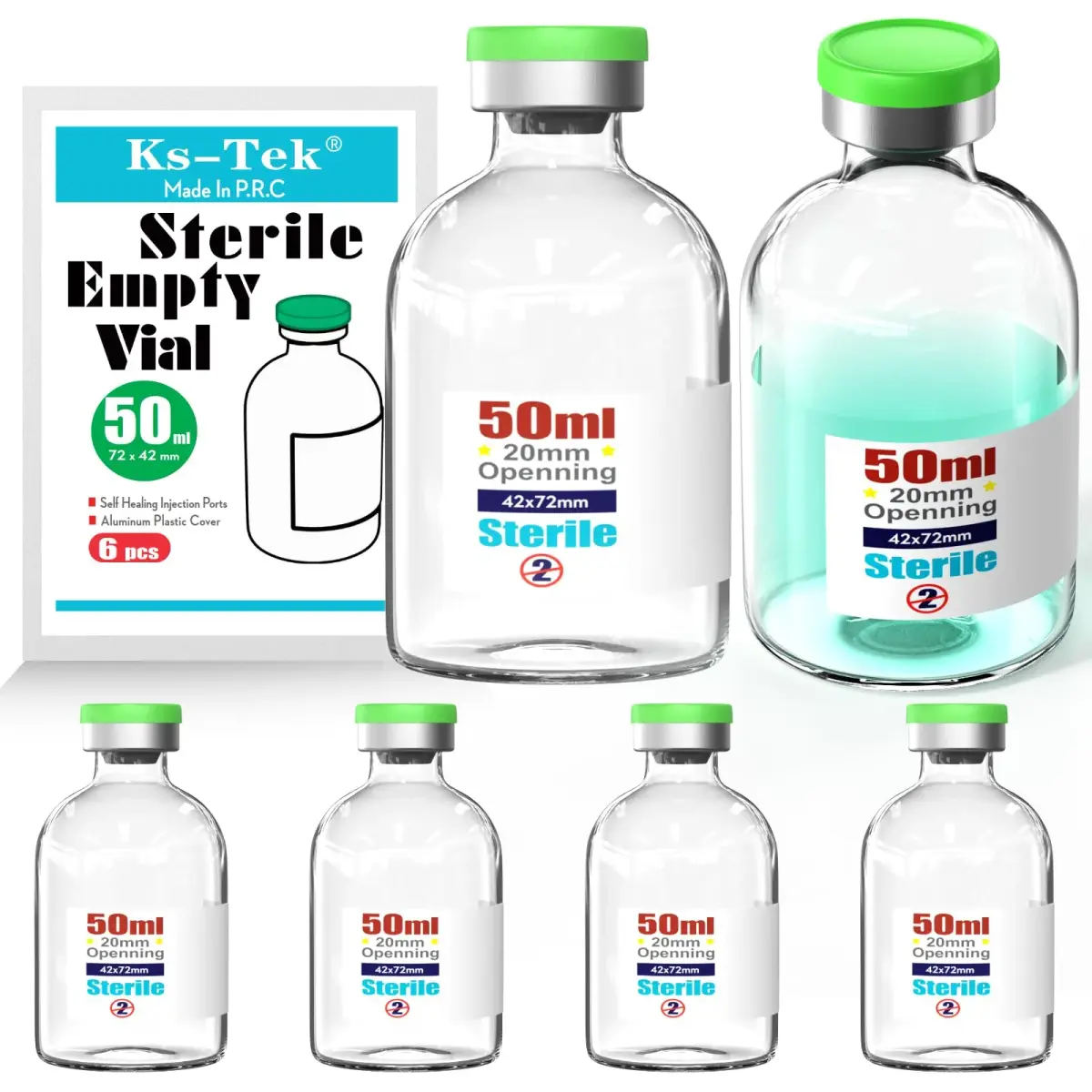 Ks-Tek Sterile Glass Vials 50ml (6-Pack) | Self-Healing Injection Port & Flip-Off Cap - main product image