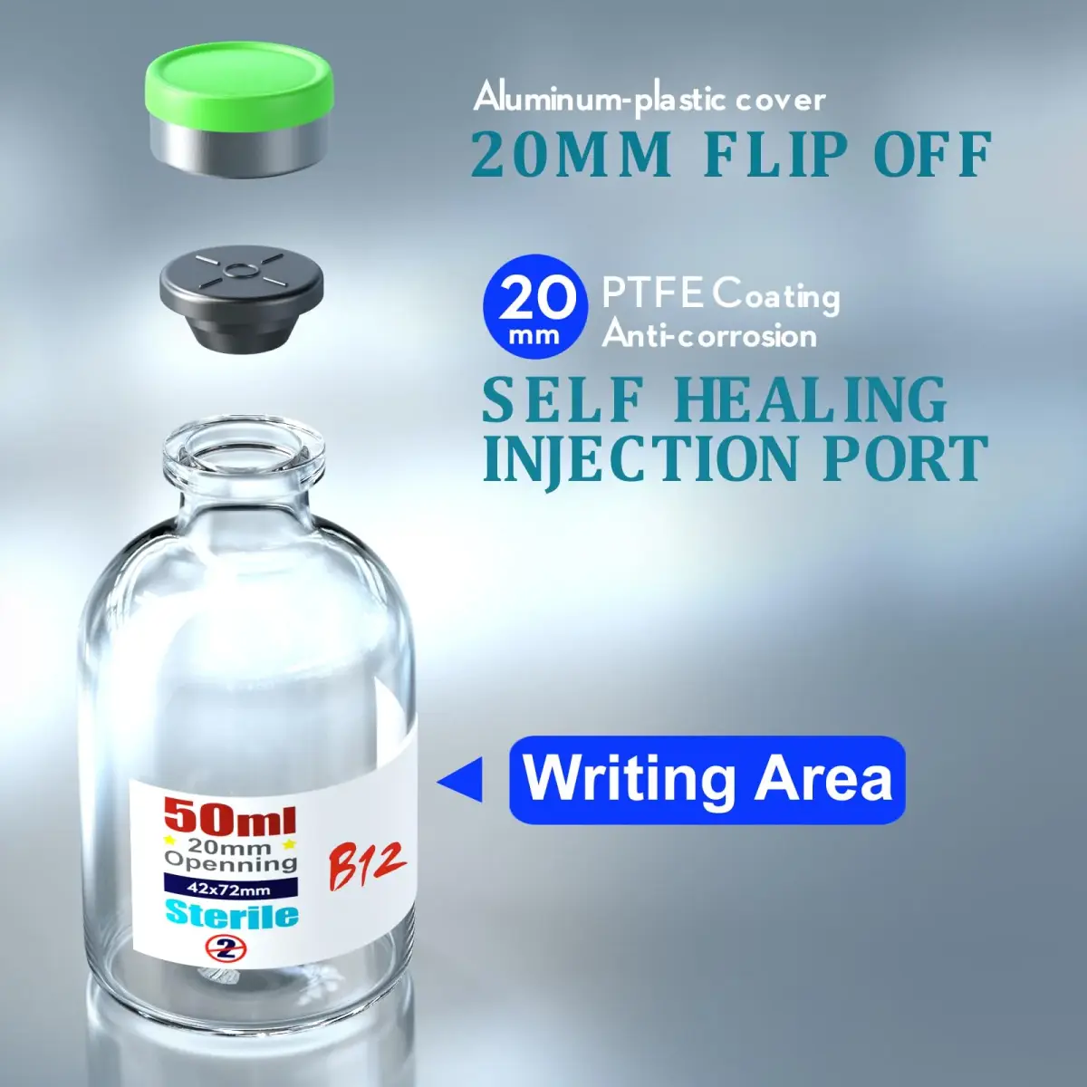 Ks-Tek Sterile Glass Vials 50ml (6-Pack) | Self-Healing Injection Port & Flip-Off Cap - view 3