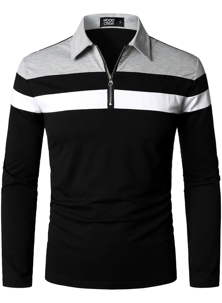 HOOD CREW Men’s Long Sleeve Polo Shirt Casual Slim Fit Contrast Color Patchwork Cotton Top Black XXL | Comfortable, breathable, stylish - main product image