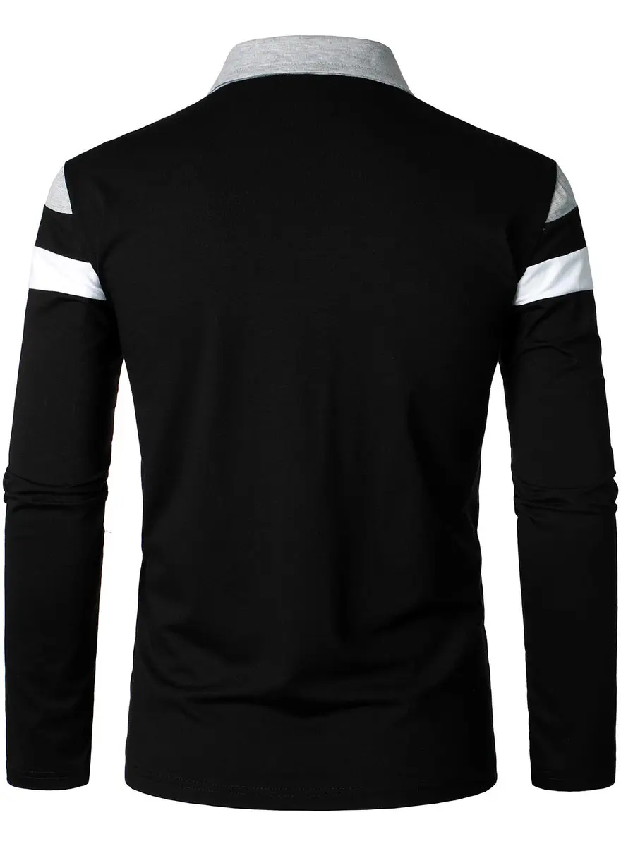 HOOD CREW Men’s Long Sleeve Polo Shirt Casual Slim Fit Contrast Color Patchwork Cotton Top Black XXL | Comfortable, breathable, stylish - view 5