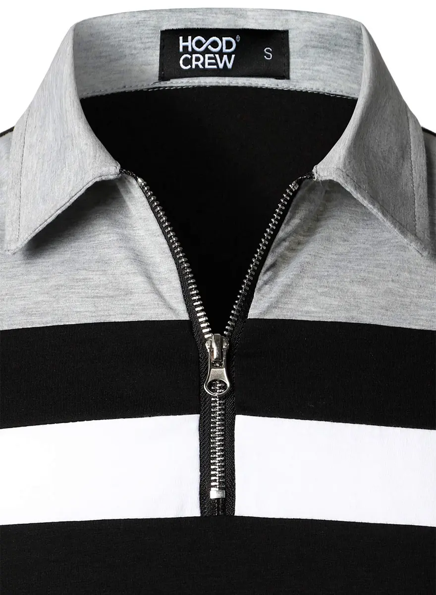 HOOD CREW Men’s Long Sleeve Polo Shirt Casual Slim Fit Contrast Color Patchwork Cotton Top Black XXL | Comfortable, breathable, stylish - view 6