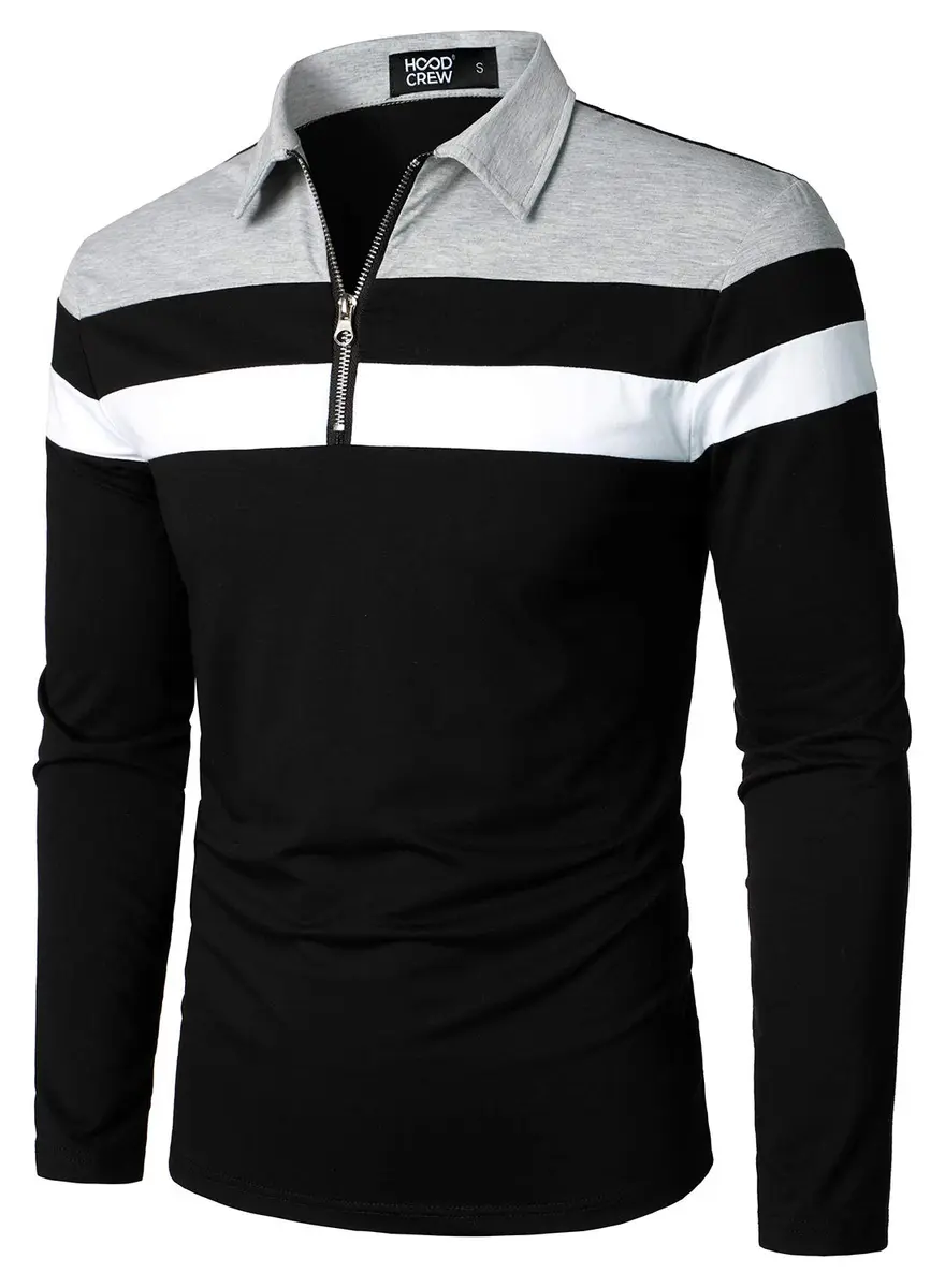 HOOD CREW Men’s Long Sleeve Polo Shirt Casual Slim Fit Contrast Color Patchwork Cotton Top Black XXL | Comfortable, breathable, stylish - view 3