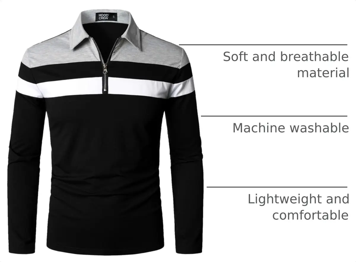 HOOD CREW Men’s Long Sleeve Polo Shirt Casual Slim Fit Contrast Color Patchwork Cotton Top Black XXL | Comfortable, breathable, stylish - view 4