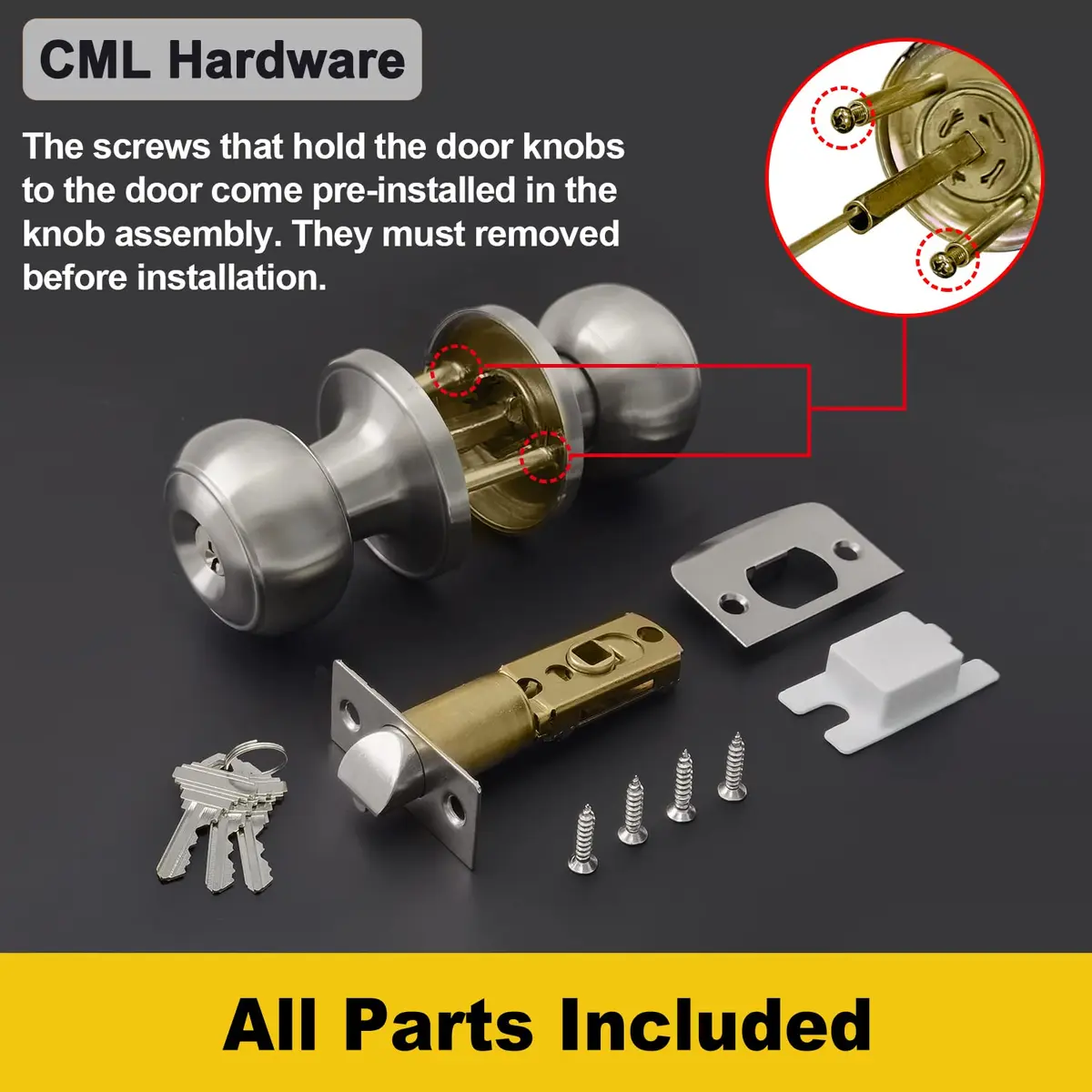 CML Hardware Keyed Entry Door Knob Set in Solid Stainless Steel | Exterior & Interior, Round Handle, 1 Pack - view 6