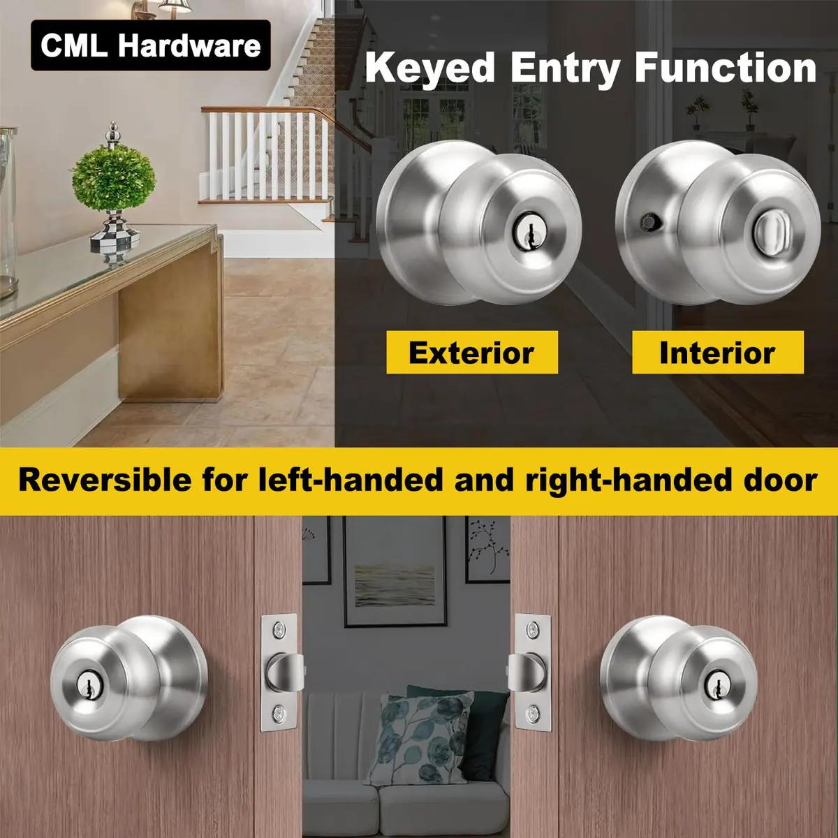 CML Hardware Keyed Entry Door Knob Set in Solid Stainless Steel | Exterior & Interior, Round Handle, 1 Pack - view 7