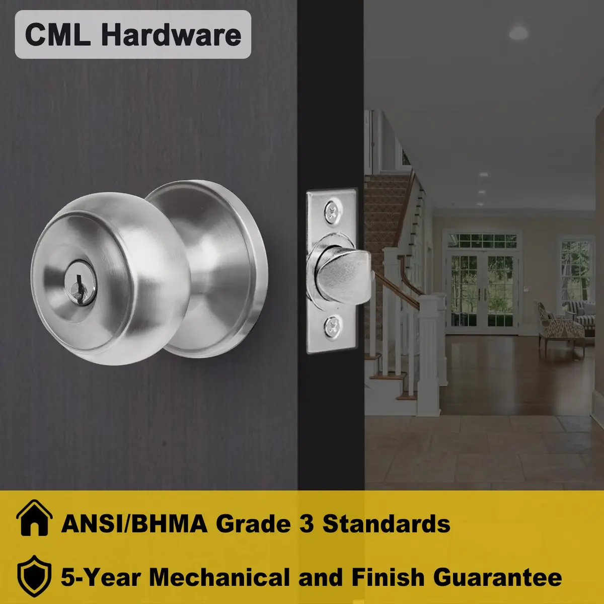 CML Hardware Keyed Entry Door Knob Set in Solid Stainless Steel | Exterior & Interior, Round Handle, 1 Pack - view 8