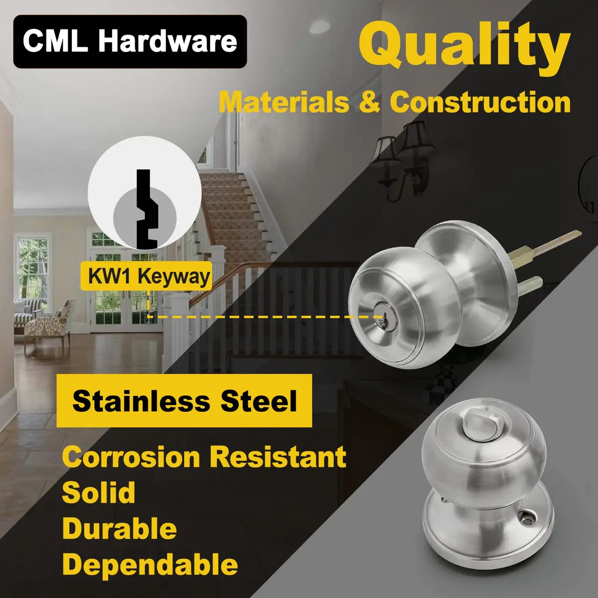 CML Hardware Keyed Entry Door Knob Set in Solid Stainless Steel | Exterior & Interior, Round Handle, 1 Pack - view 2
