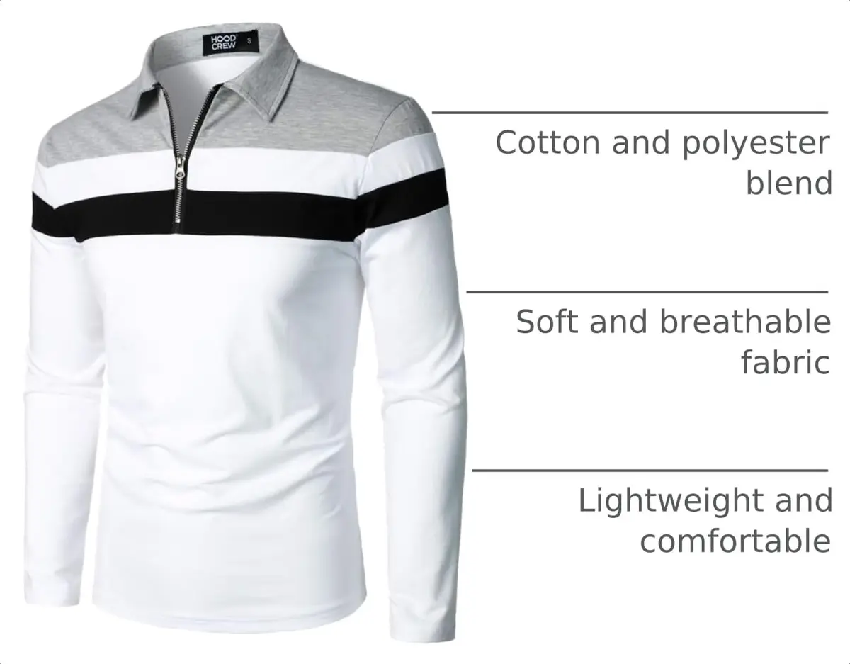 HOOD CREW Men’s Long Sleeve Polo Shirt White XL | Slim Fit Casual Cotton Top - view 4