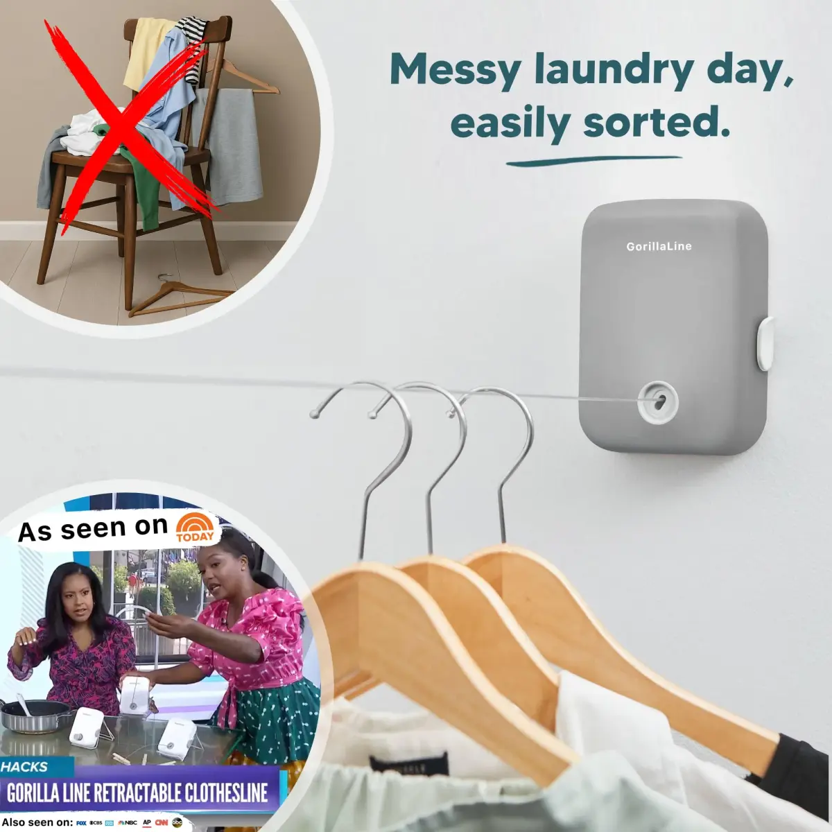 GorillaLine Retractable Clothesline 4.2 m (14.1 ft) | Heavy Duty Wall Mounted Drying Rack for Indoor & Outdoor Use - view 2
