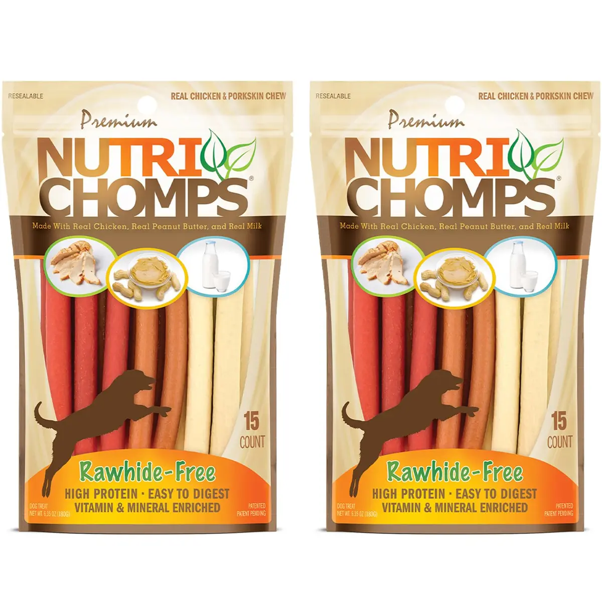 Nutri Chomps Rawhide Free Dog Chews, Chicken/PB/Milk, 15ct, 2pk | Digestible, Flavorful & Nutrient-Rich - main product image