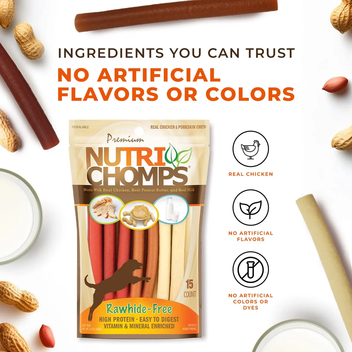 Nutri Chomps Rawhide Free Dog Chews, Chicken/PB/Milk, 15ct, 2pk | Digestible, Flavorful & Nutrient-Rich - view 5