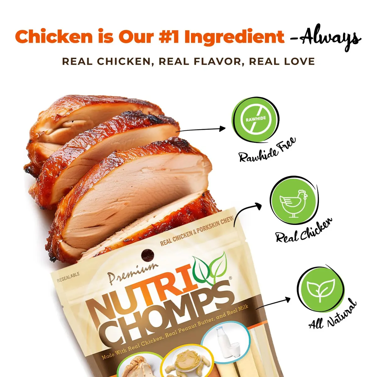 Nutri Chomps Rawhide Free Dog Chews, Chicken/PB/Milk, 15ct, 2pk | Digestible, Flavorful & Nutrient-Rich - view 2