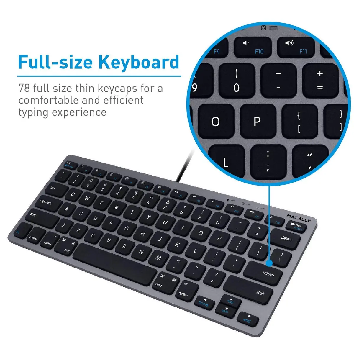 Macally Mini Wired Keyboard and Quiet Wired Mouse Combo, Space Grey | 78 Keys + 13 Apple Shortcuts - view 3