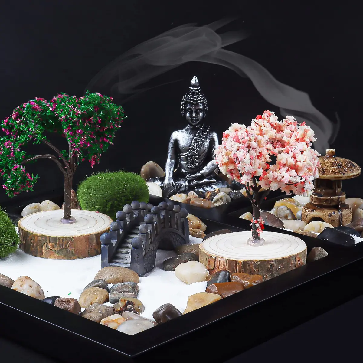 Melonva Sakura Budah Mini Zen Garden 9" x 7" | Desktop Meditation Decor with White Sand & Bonsai - view 4