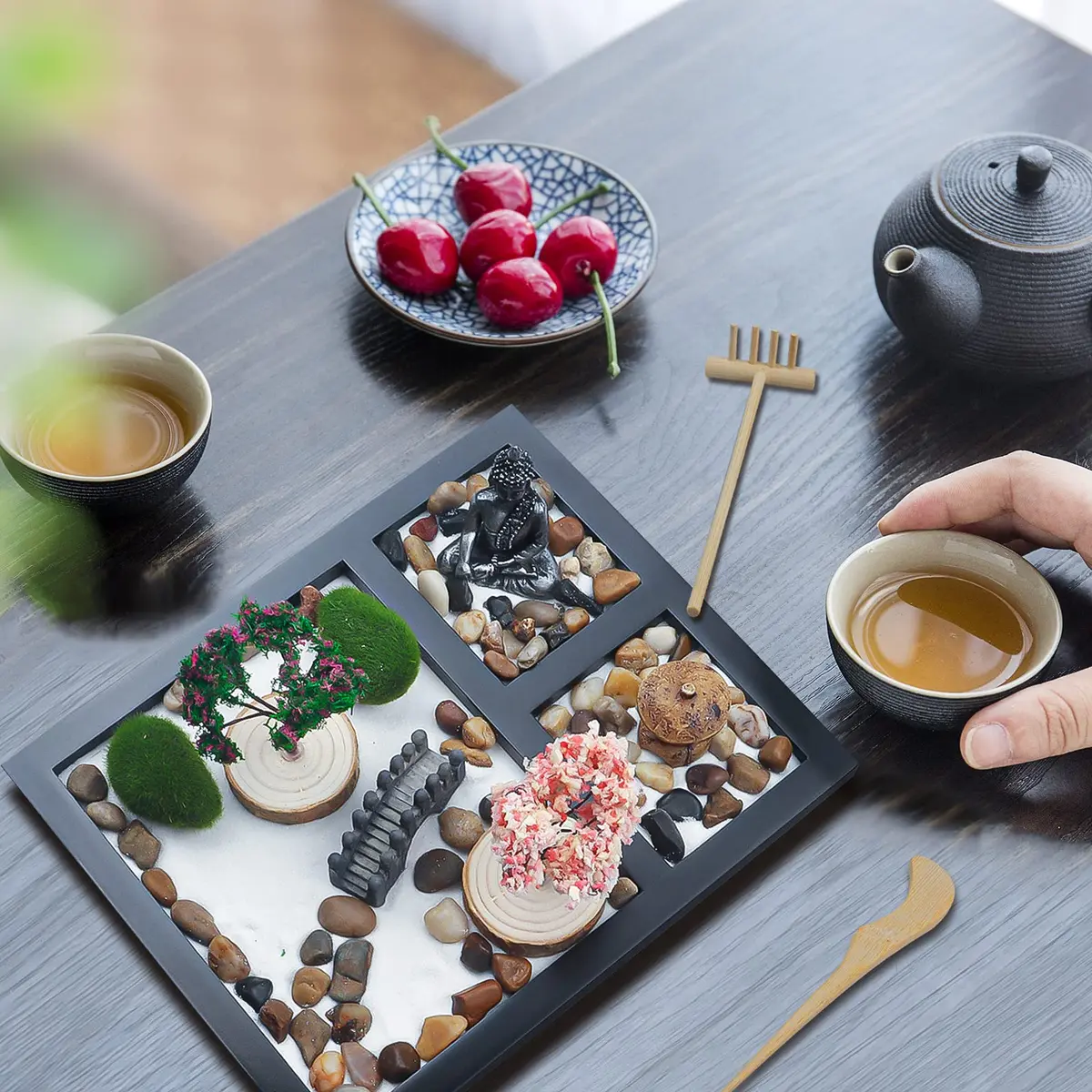 Melonva Sakura Budah Mini Zen Garden 9" x 7" | Desktop Meditation Decor with White Sand & Bonsai - view 6